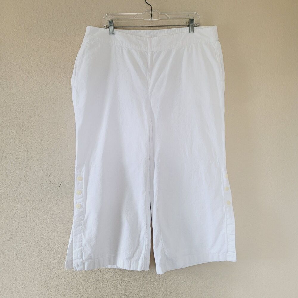 Soft Surroundings White Linen Wide Leg Pants Size 1X Side Pockets Buttons Womens